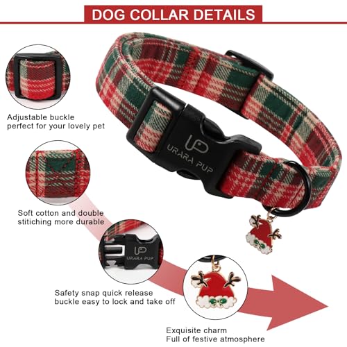 Image of Christmas Dog Collar- Adjustable Red & Green Checkered Dog Collar for Small Medium Large Dogs, Soft Xmas Plaid Puppy Collars with Quick Release Buckle XL