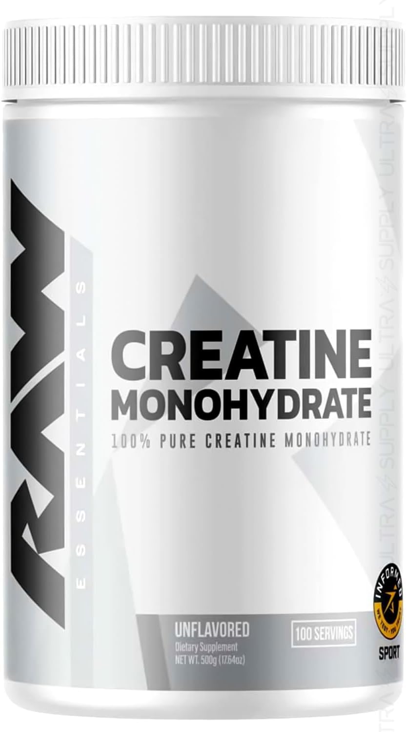 Raw Creatine Monohydrate Powder, 100 Servings, Unflavored, 500g – Micronized Creatine for Muscle Strength, Recovery & Performance
