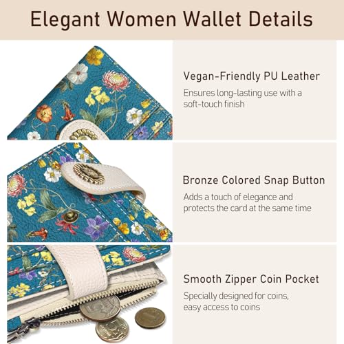 Image of Kelvoris Blue Vibrant Floral Small Rfid Women Wallet Zipper Coin Pocket | Bifold PU Leather Compact Cash Credit Card Holder Travel Purse for Female Ladies Teen Girls 1 ID Window 10 Card Slots