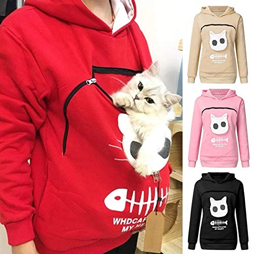 Damen Pullover Kapuzenpullover mit Katzen Hund Tasche Hundetasche Katze Sweatshirt Pulli Hoodie Kapuze Katzenpulli Beutel Langarm Winter (Rosa, S)