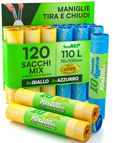 120 sacs pour la collecte sélective en plastique HDPE 70x100 cm 110 L avec poignées tirer et fermer Couleur jaune et bleu clair Sacs anti-perforation pour...