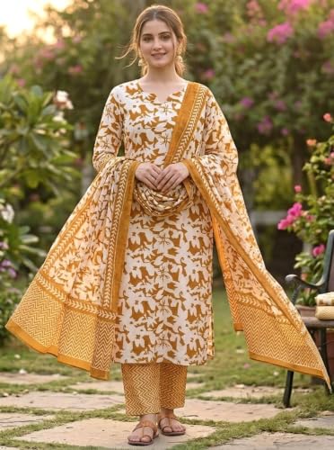 Image of Women's Cotton Printed A-Line Kurta Pant & Dupatta Set | Floral A Line Kurta with Pants | 3 Piece Ethnic Suit Set | Daily, Office & Casual Wear | Co-Ord Set