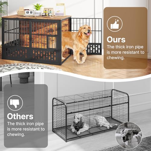 Rovibek 48 Inch Dog Crate Furniture, Wooden Dog Cage Furniture with Window and Adjustable Dogs Bowls 360° Rotatable, Heavy Duty XL Kennel Indoor as End Table, Brown by Rovibek - Image 2