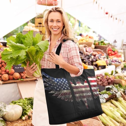 Bird American Flag Black Large Insulated Tote Bag for Grocery Shopping Reusable Tote Bags for Women Men, Cooler Bag with Zippered Top & Handles for Beach Picnic Travel2
