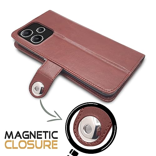 Image of Pikkme Mi Redmi 12 5G / Poco M6 Pro 5G Flip Cover Leather Finish | Inside TPU | Wallet Stand and Shock Proof | Button Flip Case for Mi Redmi 12 5G / Poco M6 Pro 5G (Brown)