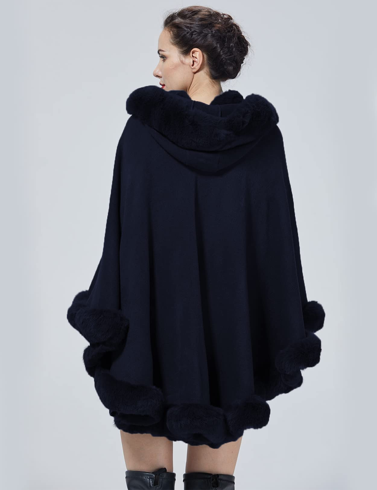 Poncho Hooded Shawl Wrap Women Cape Winter Faux Fur Trim Coat Sleeveless Cardigan Dressy Cloak for Party: One Size Dark Blue