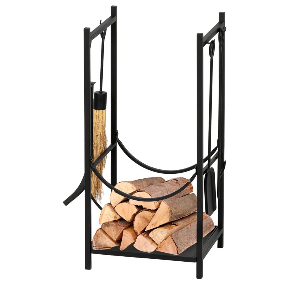 Chimenea de Hierro Forjado para Interiores y Exteriores, Soporte para leña, Pintura Negra, Cuadrado de 33 Pulgadas de Alto con 4 Herramientas