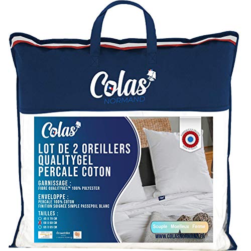 COLAS NORMAND - Lot de 2 Oreillers Qualitygel Percale 100% Coton - Moelleux - 60x60cm - Soutien cervicale - Sensation mémoire de Forme - Qualité hôtel - Doux - Fabrication française - Blanc 73130206 Cover