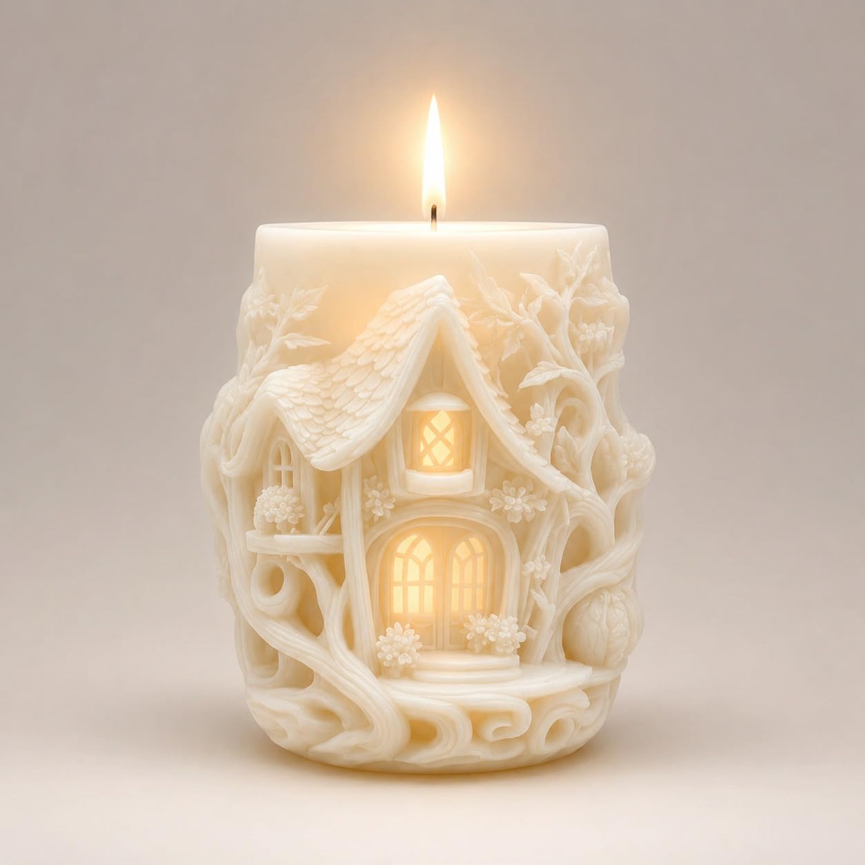 Fairy Cottage House Decorative Candle Handmade Soy Wax Sculpted Pillar Candle with Illuminated Cottage Design, Fantasy Home Décor, Rustic Woodland Candle, Unique Housewarming Gift for Women-image-29