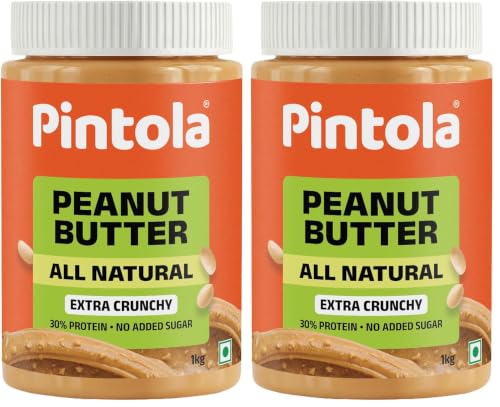 Image of Pintola All Natural Peanut Butter Extra Crunchy 1kg |Unsweetened | 30g Protein | Gluten & Cholesterol Free, Vegan, Nut Butter, High in Protein Spread, 100% Pure Roasted peanut butter (Pack of 2)