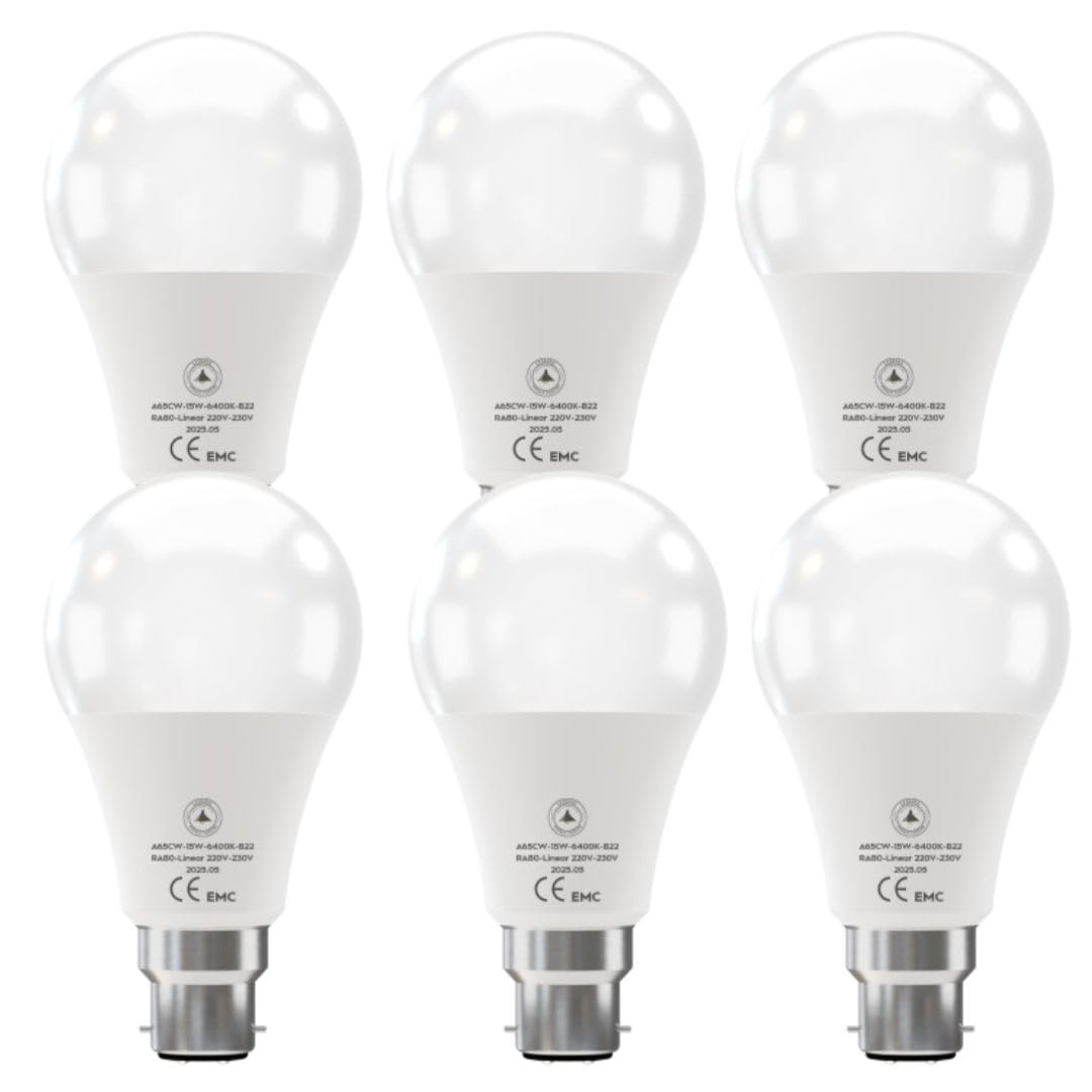 Pack 6 | LED Bayonet Light Bulb | A65 15W (100W Equivalent) Non-Dimmable Cool White 6400K BC B22 Base Super Bright 1500 Lumen GLS Energy Saving Bulb for Modern Home Decoration