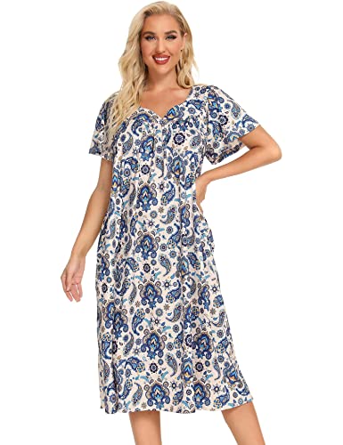 Image of Bloggerlove Mumu House Dress for Women with Pockets Short Sleeve Nightgowns | 15% Cotton, 80% Polyester, 5% Spandex, Floral Mumu House Dress, V-Neck, Short Sleeves, Midi Length, 2 Side Pockets, Lounging