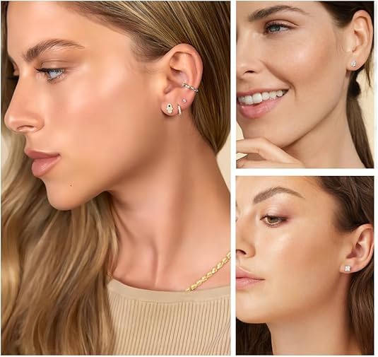 PABBEU 4Pairs Sterling Silver Stud Earrings for Women Hypoallergenic 925 Sterling Silver Earring Studs Small Stacks AAAAA Cubic Zirconia Cartilage SilverStud Earrings Set for Women Gift4