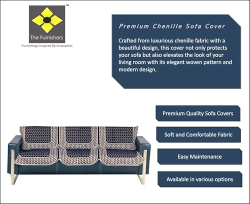 Image of Navy Chenille Woven Anti-Slip 3 Seater Sofa Cover | L-Shape Sofa Seat Protector for Living Room | Durable & Stylish Slipcover - Navy Blue - 3D