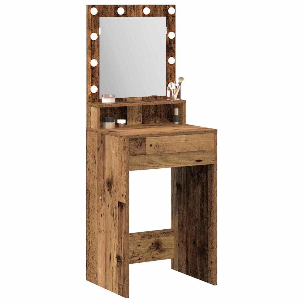 Toaletka z drewna odpadowego, 50 x 41 x 135 cm, z regałem, oświetleniem lustra LED, przyłączem USB, miejscem do przechowywania i szufladami do sypialni, kosmetyków i makijażu