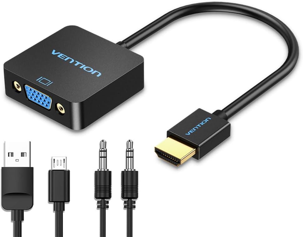 VENTION HDMI to VGA Adapter 0.5FT, Uni-Directional HDMI(Source) to VGA(Display) Converter (Male to Female) 1080P@60Hz with 3.5mm Audio and Micro USB Cable for PC/Projector/Monitor