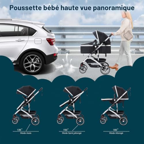 Kakbgee 3 en 1 Poussette Combinées, Citadines Poussettes Pliable en Un Clic, Poussette Canne, Système de Voyage et Avec Siège Auto, Moustiquaire, Poussette haute vue pour nouveau - né(22kg, 0-4Ans) – vue 6