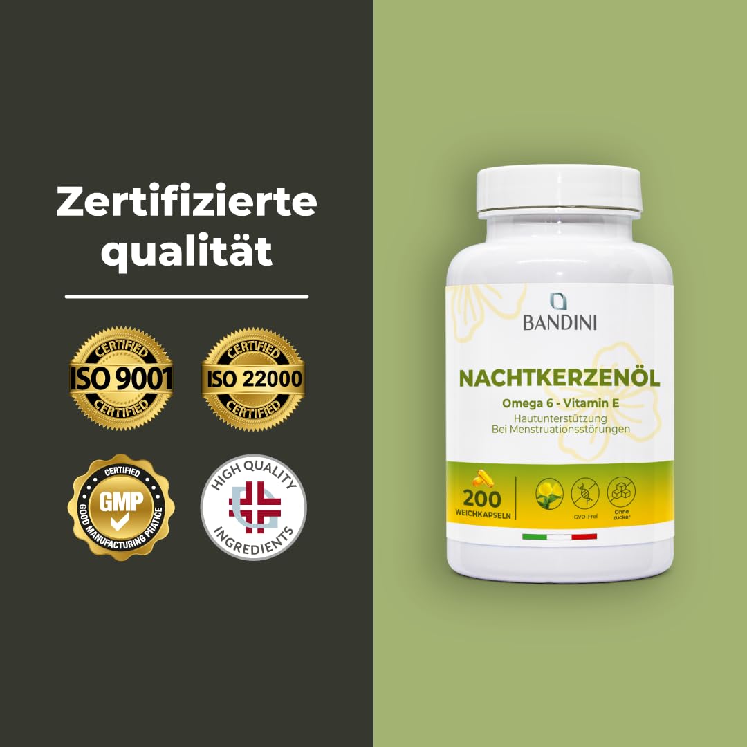 Bandini® Nachtkerzenöl | 200 Weichkapseln (2000mg pro Tagesdosis) | 10% Gla + Vitamin E | Antioxidans | Vitamin E Gamma-Linolensäure GLA - kaltgepresst | 4 Weichkapseln/Tag für 50 Tage Versorgung