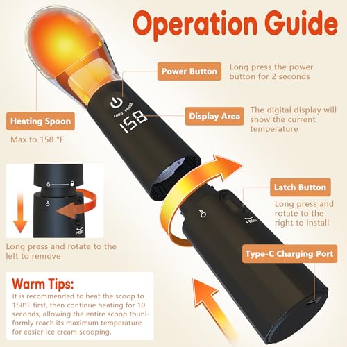 Heated Ice Cream Scoop Rechargeable, LED Display Electric Scooper Heats to 158°F for Hard Ice Cream, USB-C Fast Charge, Easy Clean (Black) — view 5