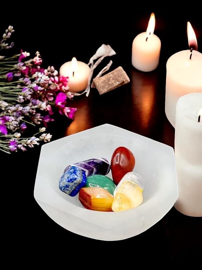Bol en sélénite pour rechargement chakra et plateau de rangement en cristal