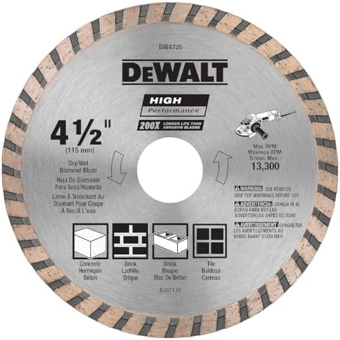 DEWALT Diamond Blade for Masonry, Dry Cutting, Continuous Rim, 7/8-Inch Arbor, 4-1/2-Inch (DW4725)