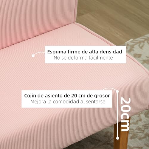 HOMCOM Sofá de 2 Plazas con 2 Puertos USB 1 Puerto Tipo-C Tapizado en Pana Sofá de Salón sin Brazos con Asiento de 20 cm y Patas de Madera Carga 220 kg 110x60x85 cm Rosa - imagen 6