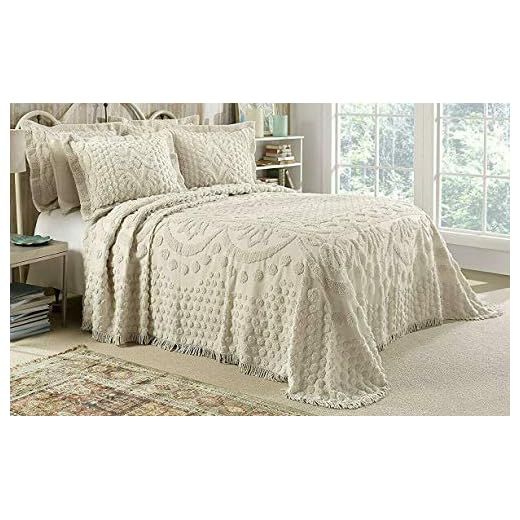 Style Master Kingston Tufted Floral Chenille Bedspread and Pillow SHAM Set, All Cotton (Beige, Queen)