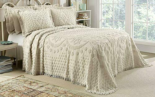 Style Master Kingston Tufted Floral Chenille Bedspread and Pillow SHAM Set, All Cotton (Beige, Queen)