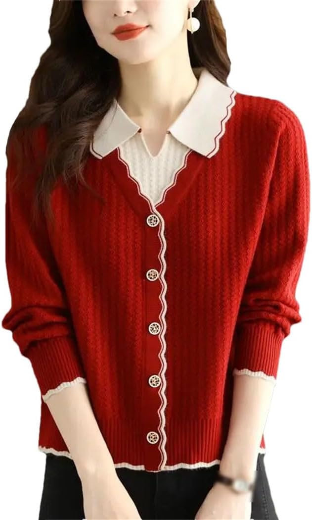 Women's Patchwork Lapel Button Sweater Fake Two Pieces Contrast Color Pullovers Long Sleeve Knitted Tops