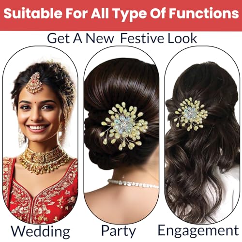Image of TEMPERIA Hair Accessories For Women & Girls Stylish for Wedding - Artificial Flowers & Pearl Style Juda Bun Accessories - Floral Bridal Brooch & Hair Pins - Hairstyle Decoration Bride Clips (MN13)