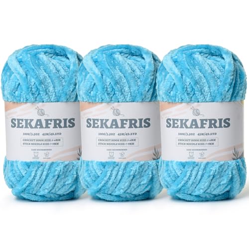 Sekafris Chenille Velvet Soft Yarn Lake Blue 3 Pack