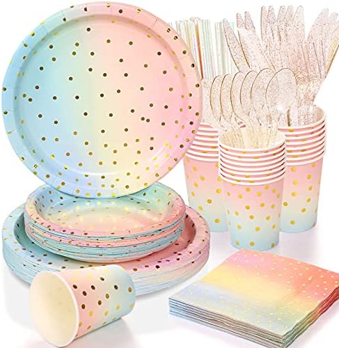 200 Pcs Pastel Party Supplies,Golden Dot Disposable Paper Plates Set,25 Dinner Plates,Dessert Plates Cups Napkins,Straws,cutlery,forks,spoons,Dinnerware for Birthday Baby Shower Wedding Rainbow Party…