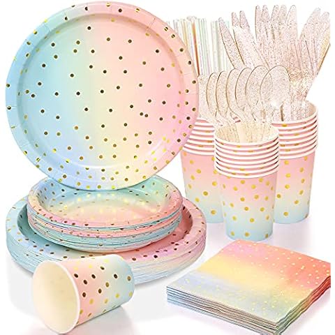 200 Pcs Pastel Party Decorations,Golden Dot Disposable Paper Plates Set,Pastel Plates and Napkins Party Supplies for Birthday Baby Shower Wedding Rainbow Party Cover