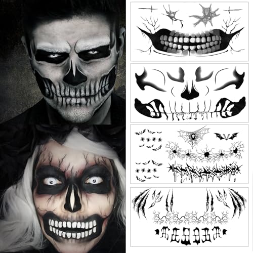 ASVNRES Halloween Face Tattoos for Women Makeup, Devil Face Skeleton Mouth Spider Web Temporary Tattoo Stickers, Horror Make Up Scary Face tattoos For Kids Girls Boys Adults