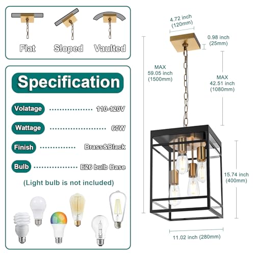 QueeuQ Large Outdoor Pendant Light Fixture for Porch, Black Brass Outdoor Hanging Lantern Pendant Light with Clear Glass, 4 Lights Exterior Porch Chandelier for Outside Patio,Front Door,Enterway by QueeuQ - Used condition - Image 7