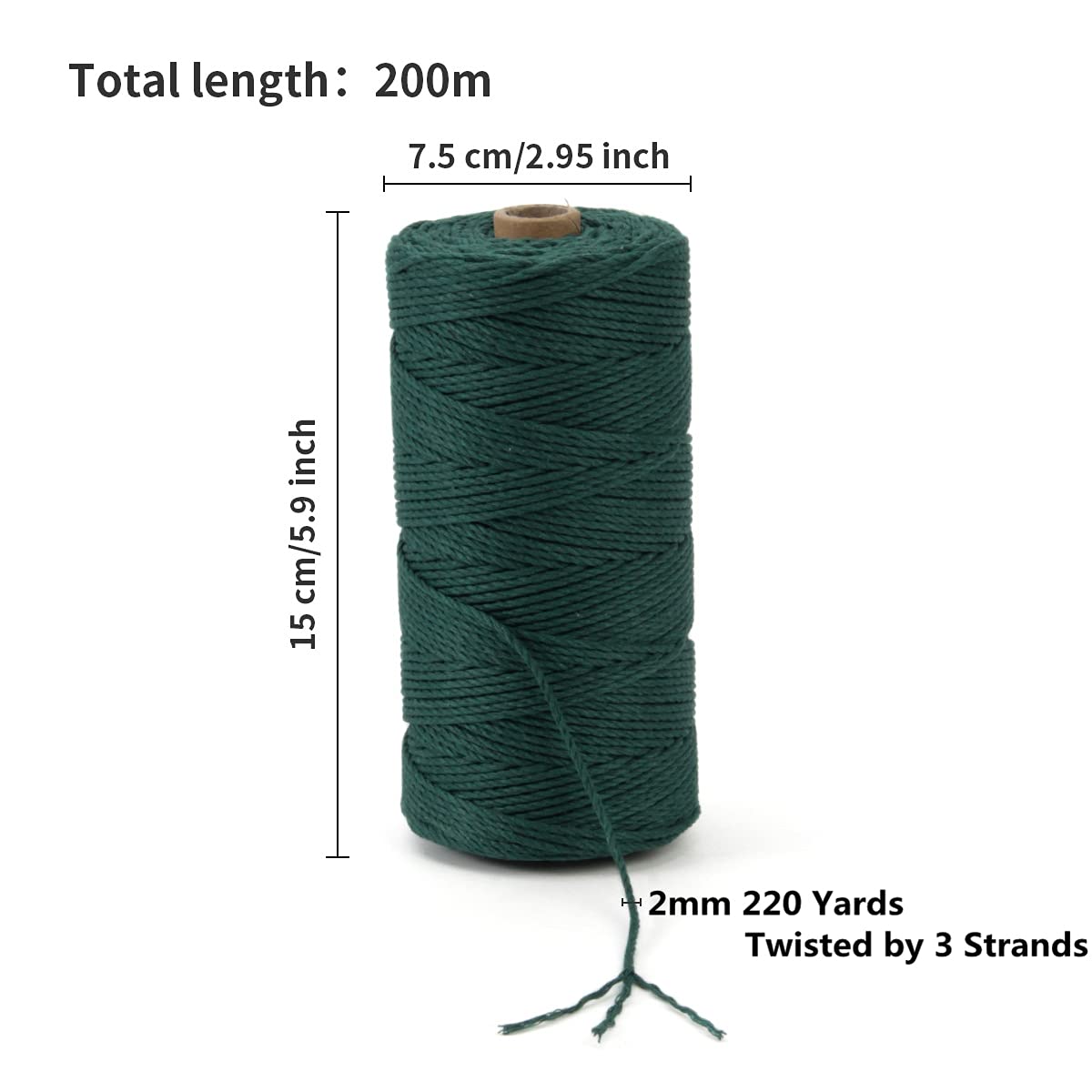 POZEAN sznurek do makramy, 2 mm x 220 m (ok. 200 m), kolorowa lina do makramy, 100% naturalna bawełniana lina do powieszenia na ścianie, wieszaki na rośliny, rękodzieło, robótki na drutach, Boże