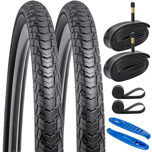 YUNSCM 2-PCS 700C Road Bike Tires 700x35C/37-622 and 700C Bike Tubes Schrader Valve with 2 Rim Strips Compatible with 700 x 33C 700 x 34C 700 x 35C 700 x 36C 700 x 37C Bike Tires and Tubes (Y-1127)