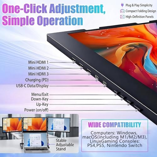 Image of Triple Aero 15.6 Pro Max 3 Screen Monitor with 1080p FHD IPS Display, Ideal for Presentations and Remote Work, with 360 Rotation Adjustable Viewing Angles