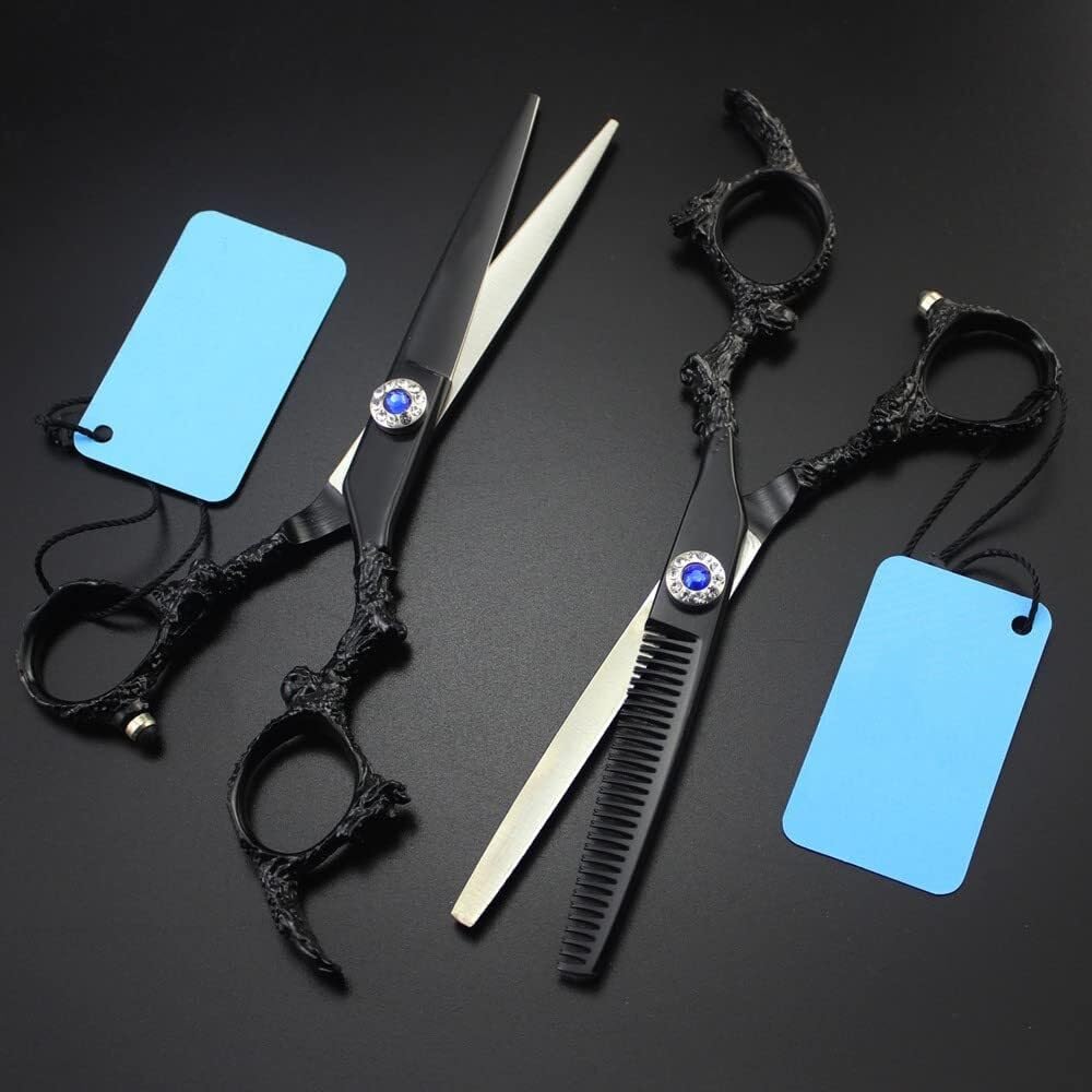 Forbici Professionali da 6 Pollici per Tagliare I Capelli - Acciaio 440C con Impugnatura A Forma di Drago Nero per Forbici da Barbiere E Sfoltire di Precisione（Set-B）