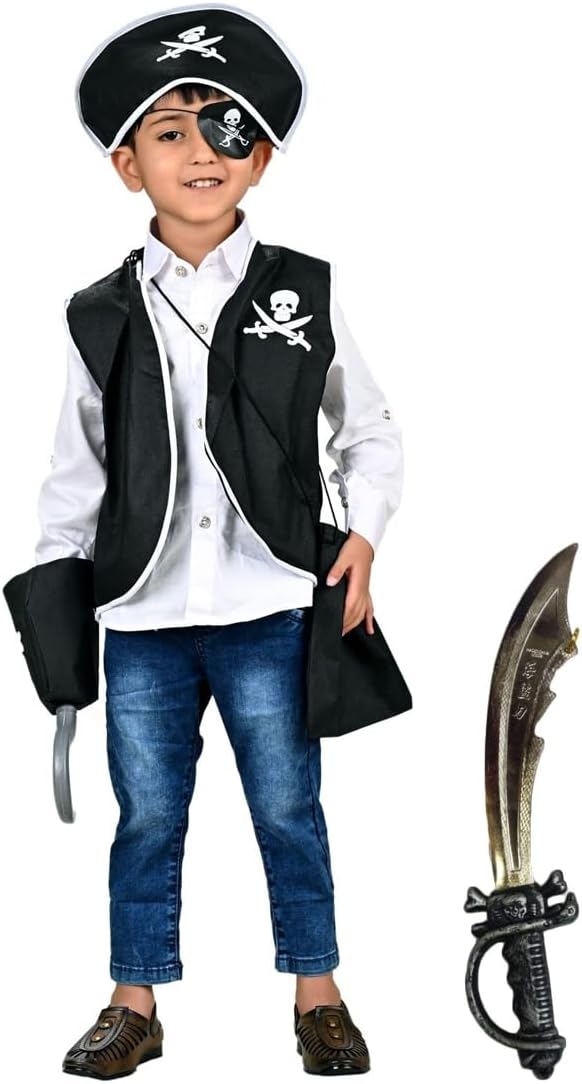 BookMyCostume Pirate Captain 5Pcs Costume Set For Kids & Adults Fancy Dress Accessories 8-14 Yrs Free Size Pirate Captain Sword Halloween Fancy Dress Costume Accessories-Plastic,Black