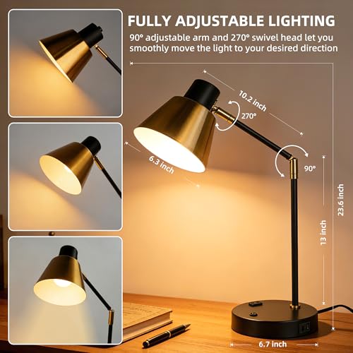 Image of Modern Desk Lamp with USB & AC Outlet,270 Swivel (Bulb Not Included) | Adjustable Industrial Table Lamp,E26 Socket for A15 /G45 /T45 Bulbs,Weighted Base,Bedside Lamp for Bedroom, Office, Living Room