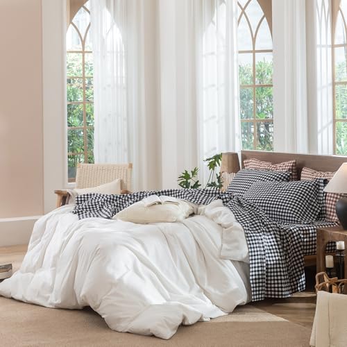 Image of MooMee Gingham Sheet Set 100% Washed Cotton Linen Like Textured Breathable Soft w /Fully Elasticized 16-19 inch Deep Pocket (Classic Gingham Black White, Queen)