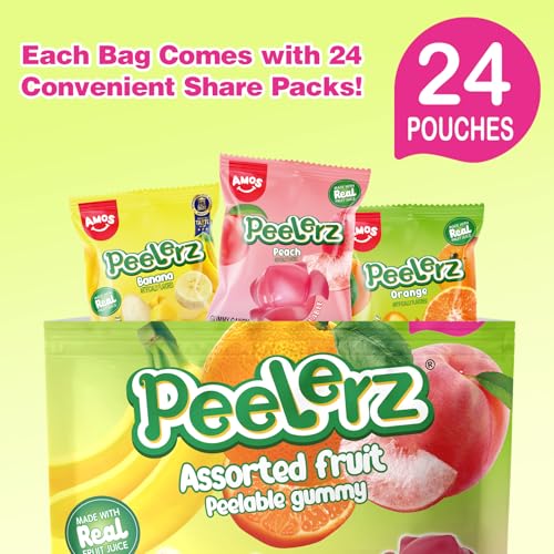 Amos Peelerz Assorted Peelable Gummy – Tropical Peeling Candy Variety Pack | Banana, Orange & Peach | 24 Individual Packs (608g) | Fun, Chewy & Shareable Treat