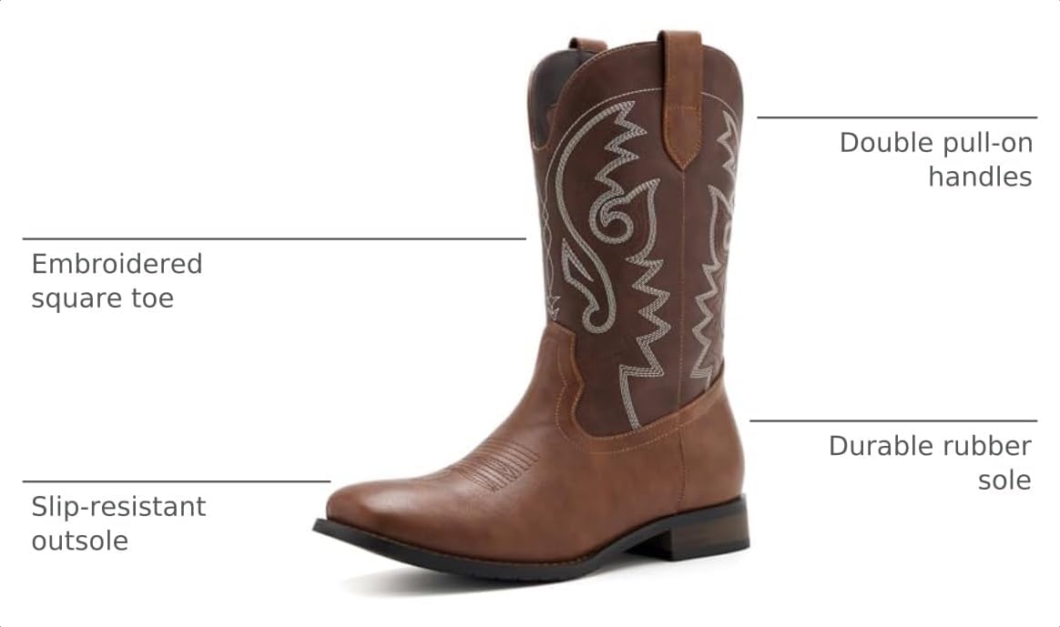 vodvob Cowboy Boots for Men Square Toe Classic Embroidered Western Boots image 3