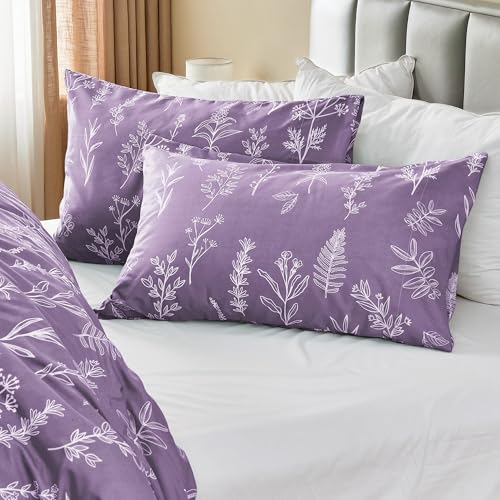 MUXHOMO Duvet Cover Queen Size, Reversible Floral Grayish Purple Duvet Cover Set with Zipper Closure, 3 Pieces Botanical Patterns Soft Microfiber Bedding Set with 4 Ties (90"x90", 2 Pillow Cases)