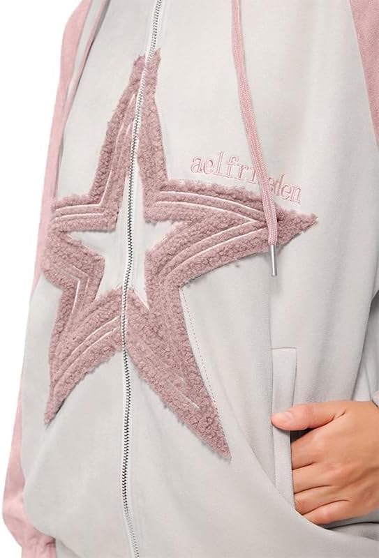 Aelfric Eden Suede Star Patchwork Full Zip Up Hoodie Oversized Graphic Hoodies Y2K Hooded Casual Sweatshirts Jackets - Image 2