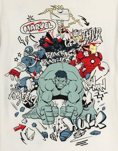 Image of Marvel Avengers Big Boys' 2-Piece T-Shirt and Shorts Set Ivory Blue 10-12 | 100% Cotton, Contrast Raglan Sleeves, Puff Screenprint Logo, French Terry Shorts with Pockets