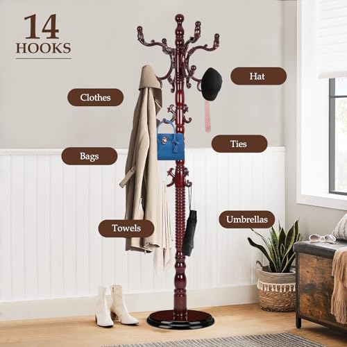 Wood-Coat-Rack-Freestanding-Natural-Coats-Tree-Stand-with-14-Hooks-73-Sturdy-and-Easy-Assembly-Coat-Rack-Stand-for-Entryway-Hallway-Bedroom-Bags-Hats-Heavy-duty-Disc-Base-Rosewood Wood Coat Rack Freestanding Natural Coats Tree Stand with 14 Hooks 73 Sturdy and Easy Assembly Coat Rack Stand for Entryway Hallway Bedroom Bags Hats Heavy duty Disc Base Rosewood