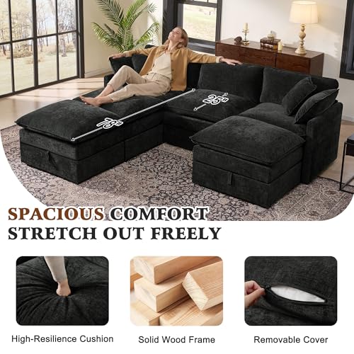 Image of Ihanherry Oversized Sectional Sofa Bed with Storage, 103 inch 6-Seater Modular Cloud Couch with Movable Ottomans, Chenille Deep Seat Sleeper Couches for Living Room (Black)