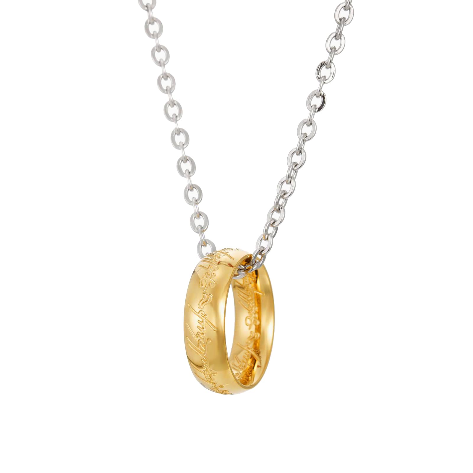 Lord Rings Pendant Necklace,Personalized Versatile Inside and Outside Engraved Pendant Necklace in Stainless Steel Ring(Gold)